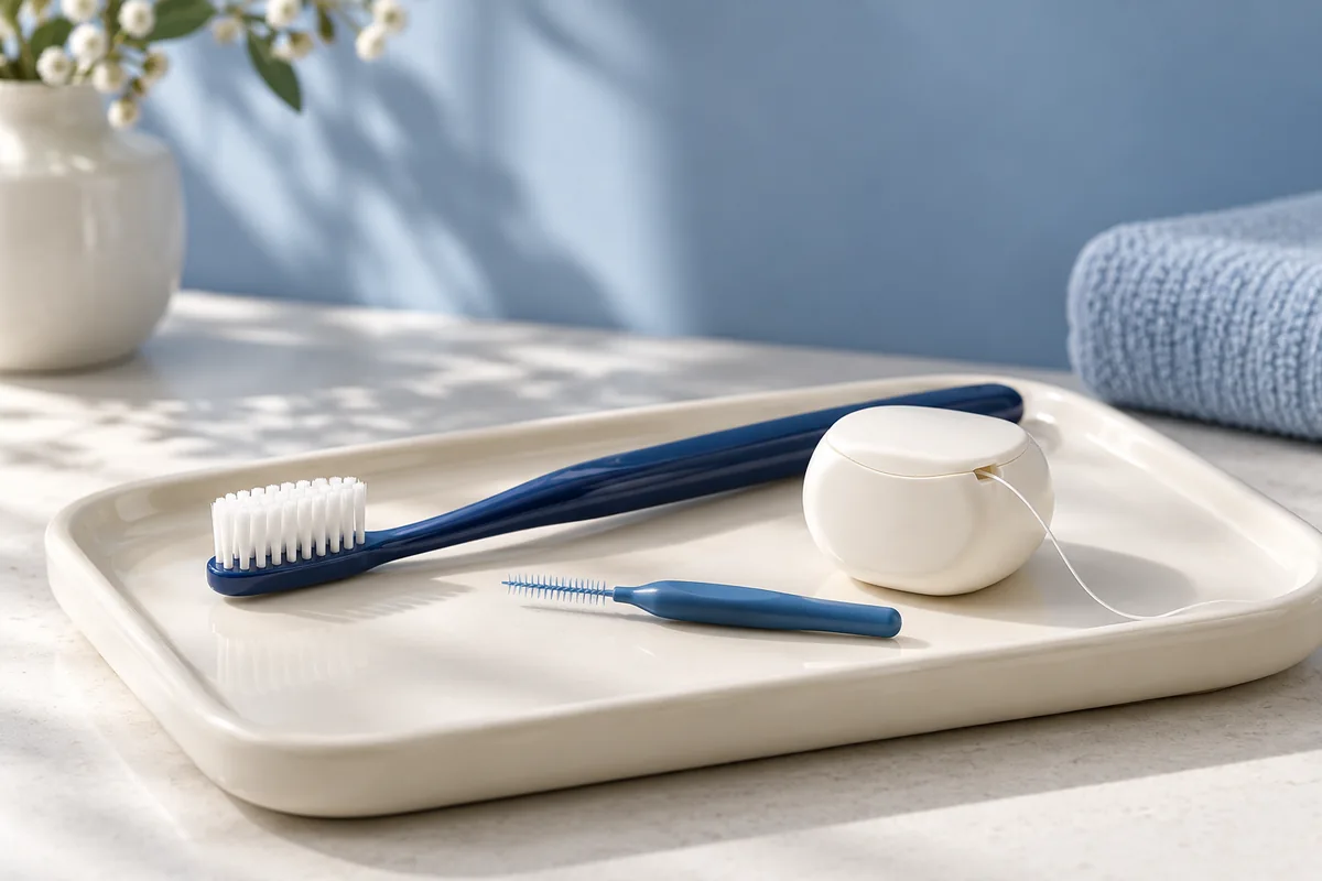 Toothbrush, floss and interdental brush arranged on a tray.